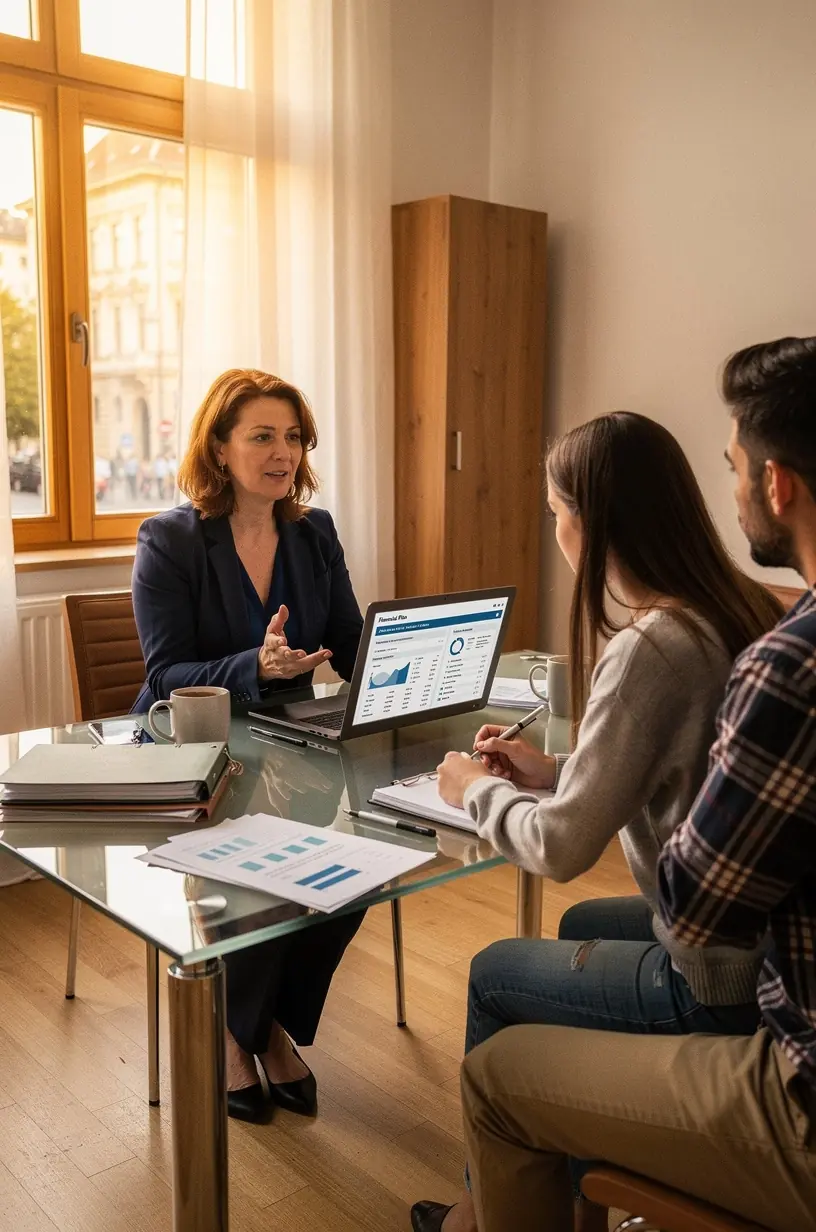 Személyes pénzügyi tanácsadó irodában ügyfél és szakértő megbeszélést folytat a pénzügyi tervek kidolgozásáról.